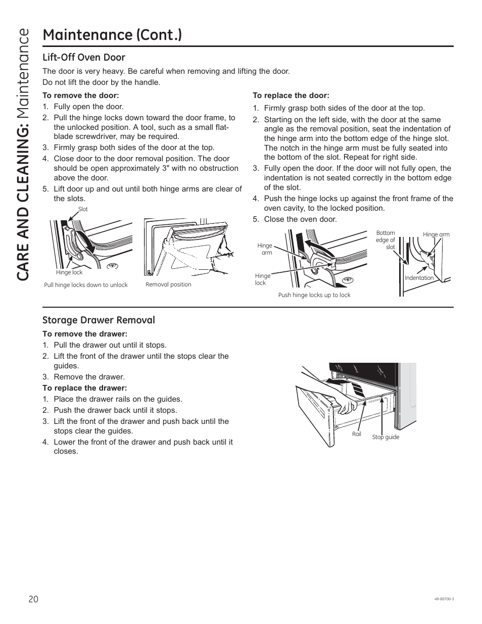 Care and cle aning: maintenance, Maintenance (cont.), Lift-off oven door | Storage drawer removal | GE JSS28DNBB User Manual | Page 20 / 48