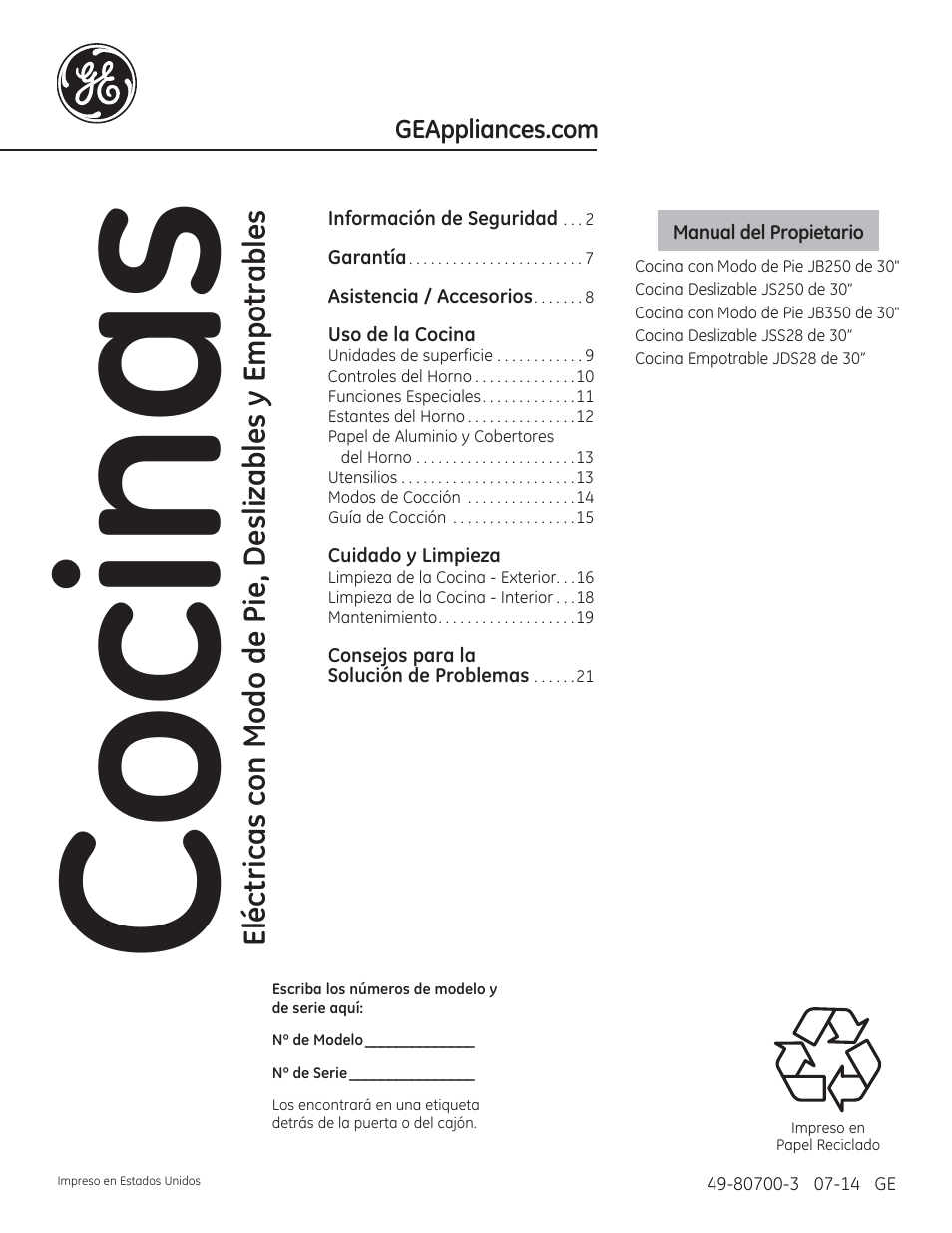 Cocinas | GE JSS28DNBB User Manual | Page 25 / 48