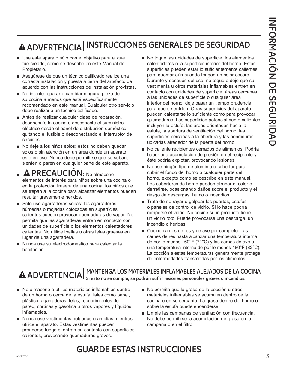 Informa ción de segurid ad, Guarde estas instrucciones, Instrucciones generales de seguridad advertencia | Precaución, Advertencia | GE JSS28DNBB User Manual | Page 27 / 48