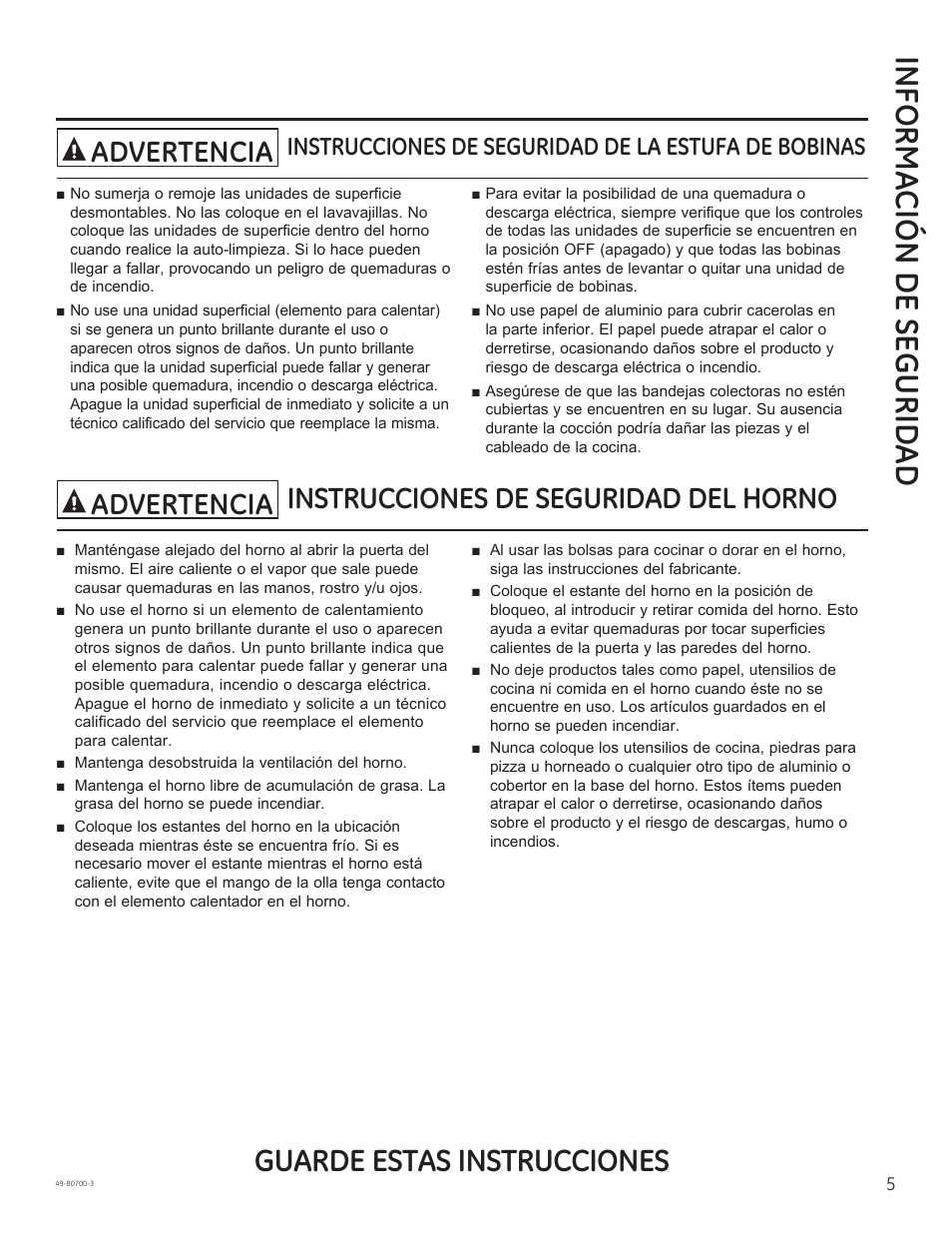 Informa ción de segurid ad, Guarde estas instrucciones, Instrucciones de seguridad del horno | Advertencia, Instrucciones de seguridad de la estufa de bobinas | GE JSS28DNBB User Manual | Page 29 / 48