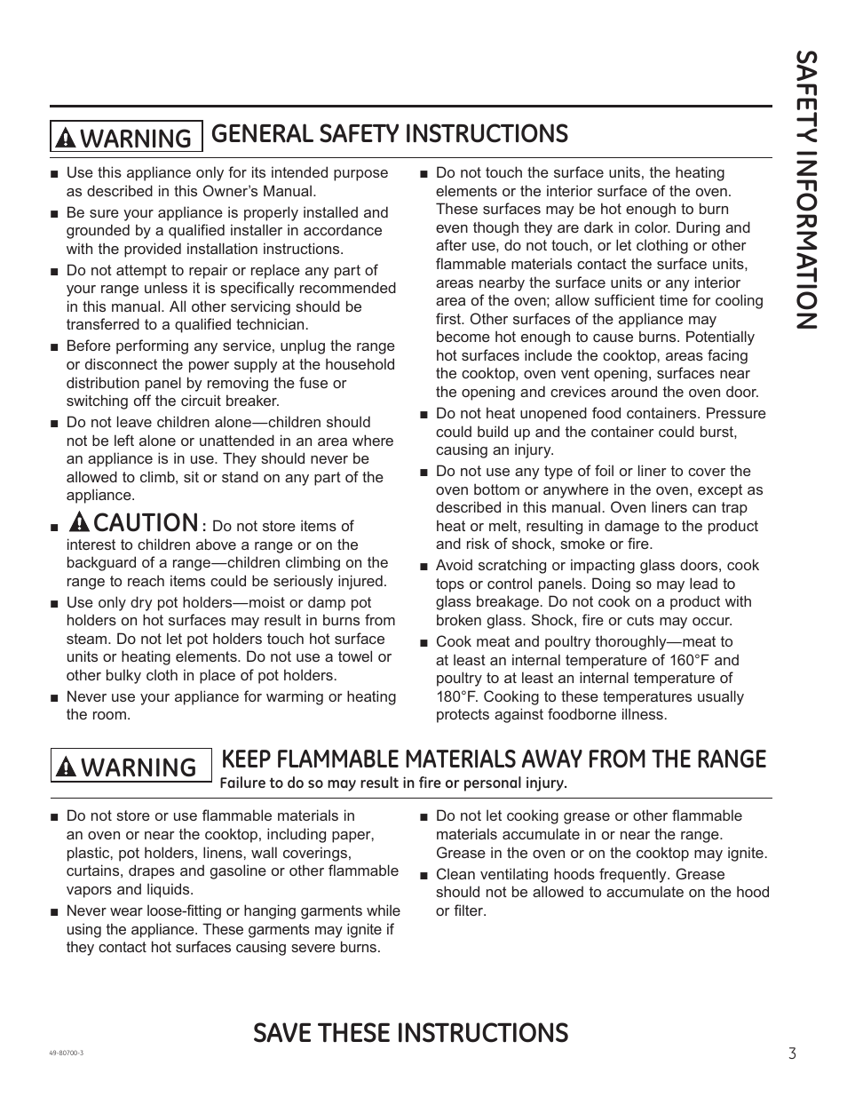 Safe ty informa tion, Save these instructions, Caution | General safety instructions warning, Keep flammable materials away from the range, Warning | GE JSS28DNBB User Manual | Page 3 / 48