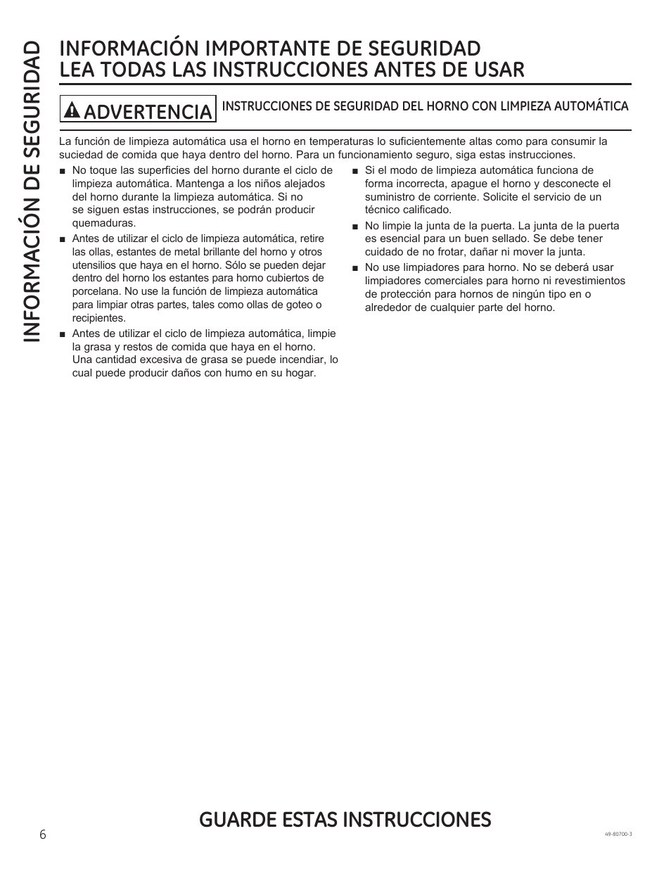 Informa ción de segurid ad, Guarde estas instrucciones, Advertencia | GE JSS28DNBB User Manual | Page 30 / 48