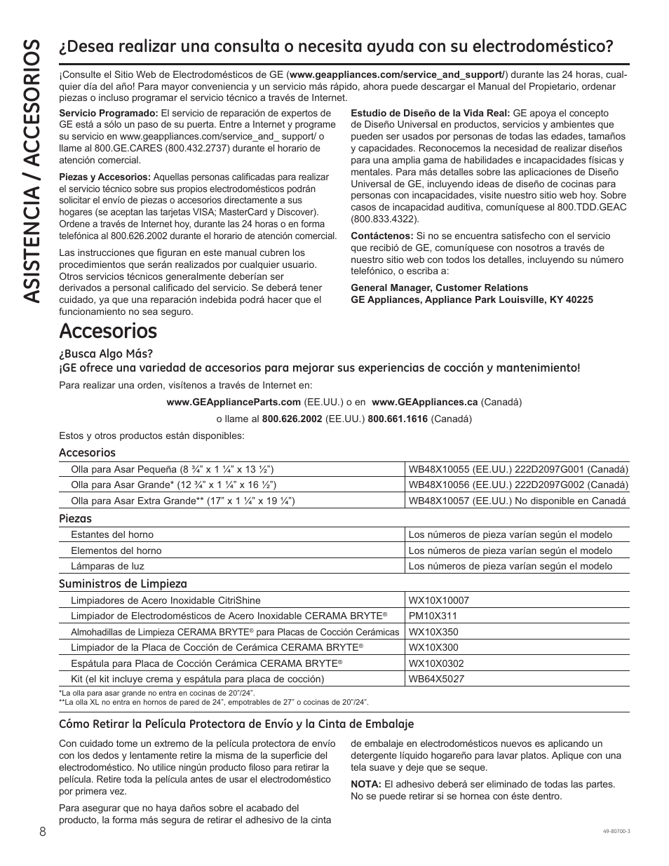 Asistencia / a c cesorios, Accesorios | GE JSS28DNBB User Manual | Page 32 / 48