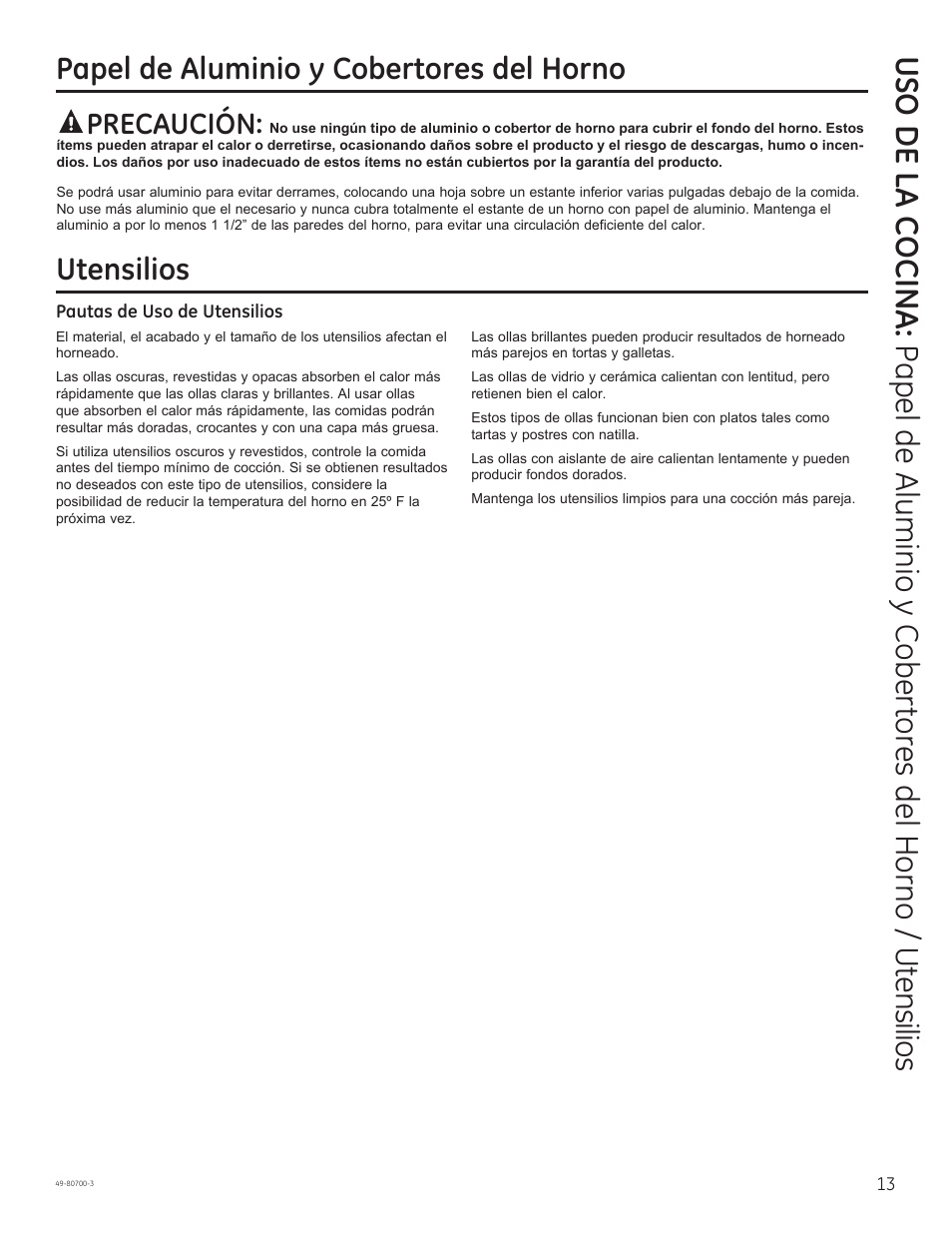 Utensilios, Papel de aluminio y cobertores del horno, Precaución | GE JSS28DNBB User Manual | Page 37 / 48