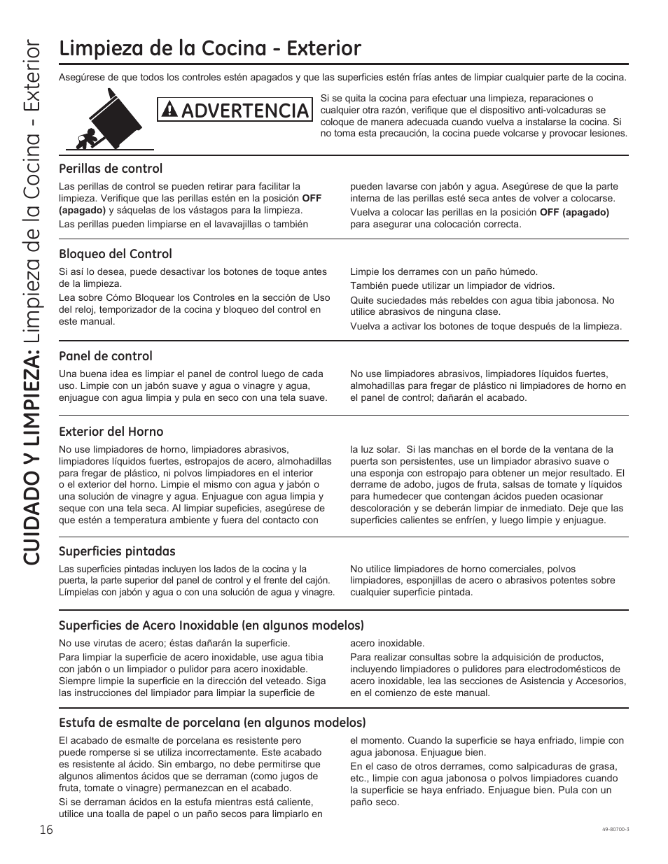 Limpieza de la cocina - exterior, Advertencia | GE JSS28DNBB User Manual | Page 40 / 48