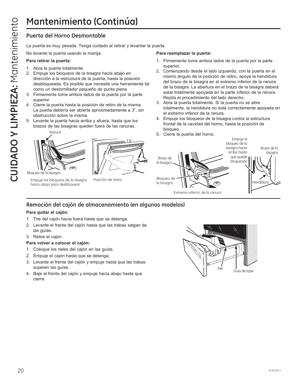 Cuidado y limpieza: mantenimiento, Mantenimiento (continúa), Puerta del horno desmontable | GE JSS28DNBB User Manual | Page 44 / 48