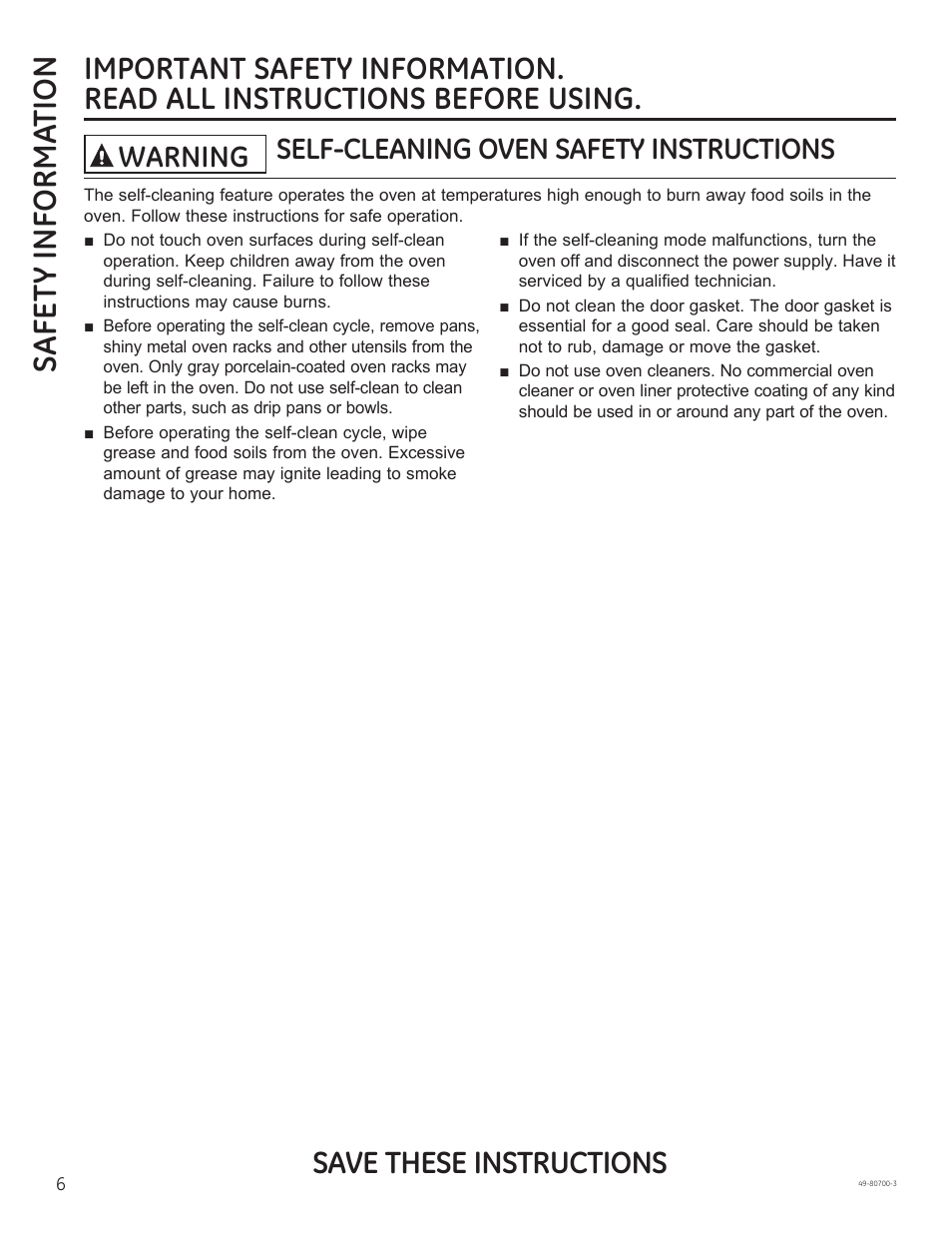 Safe ty informa tion, Save these instructions, Self-cleaning oven safety instructions warning | GE JSS28DNBB User Manual | Page 6 / 48