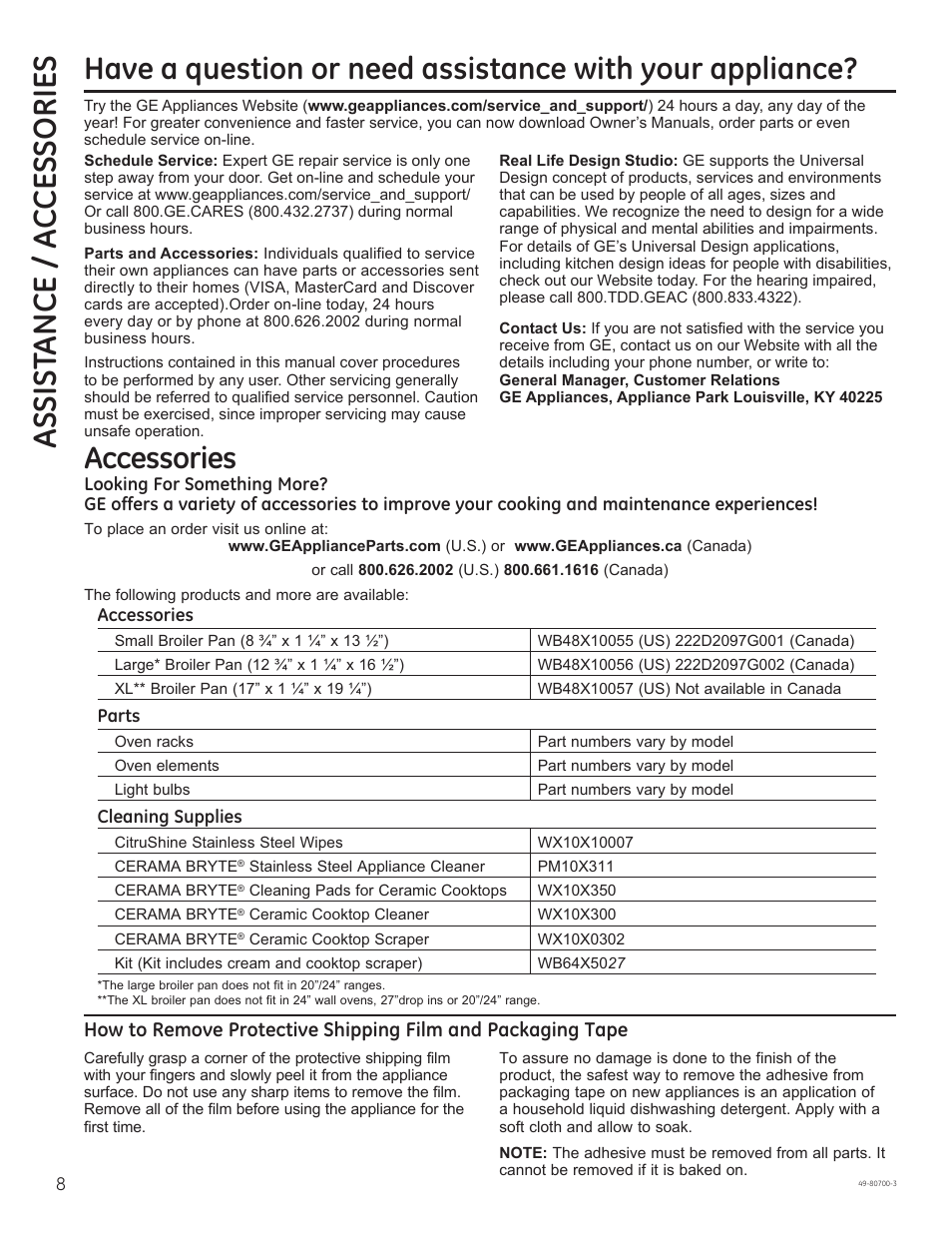 Assist ance / a c cessories, Accessories | GE JSS28DNBB User Manual | Page 8 / 48