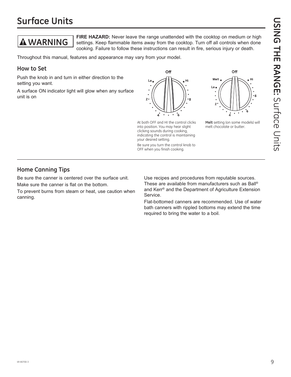 Using the range: s ur face units surface units, Warning | GE JSS28DNBB User Manual | Page 9 / 48