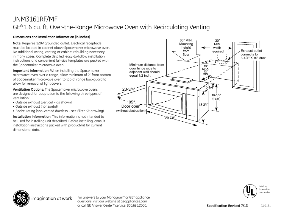GE JNM3161RFSS User Manual | 3 pages
