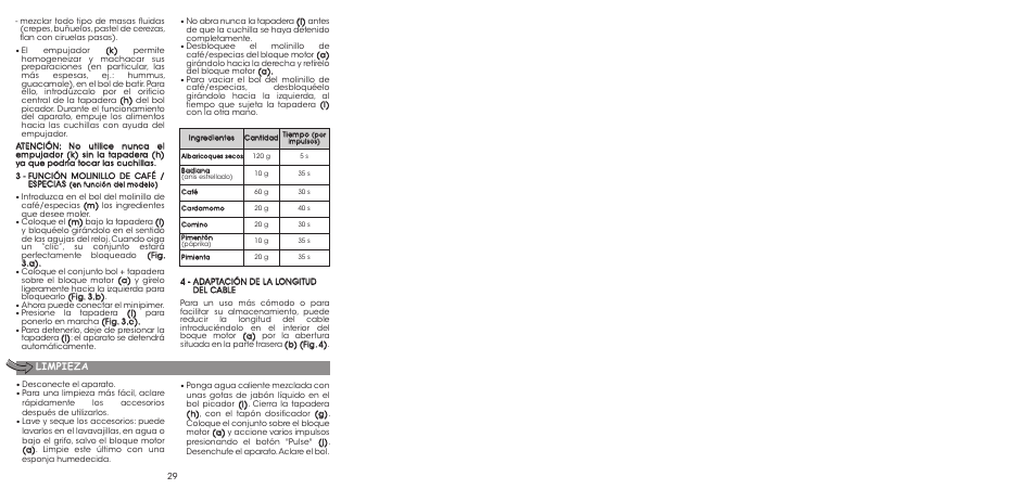Limpieza | Moulinex LA MOULINETTE DP700G User Manual | Page 31 / 84