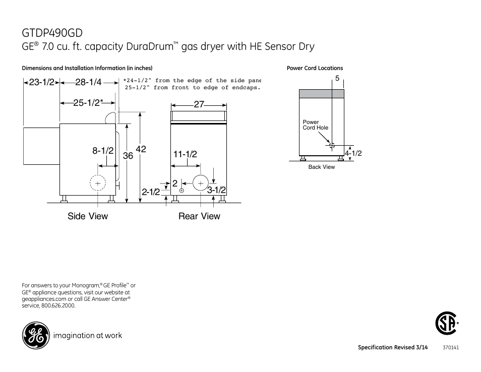 Gtdp490gd, 0 cu. ft. capacity duradrum, Gas dryer with he sensor dry | GE GTDP490GDWS User Manual | Page 2 / 4