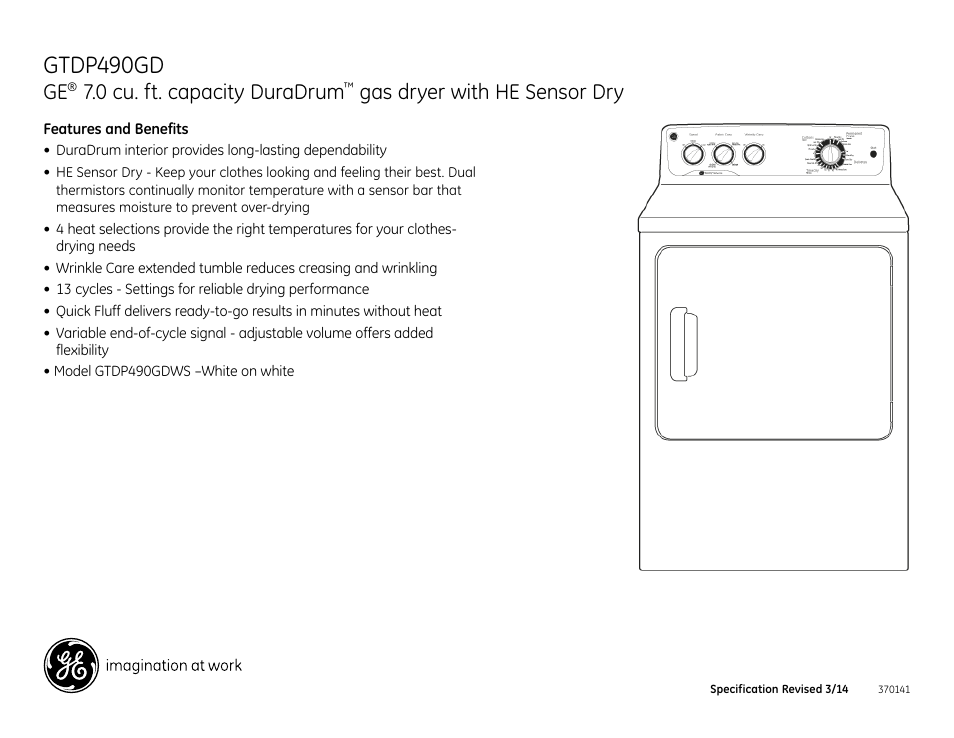 Gtdp490gd, 0 cu. ft. capacity duradrum, Gas dryer with he sensor dry | GE GTDP490GDWS User Manual | Page 4 / 4