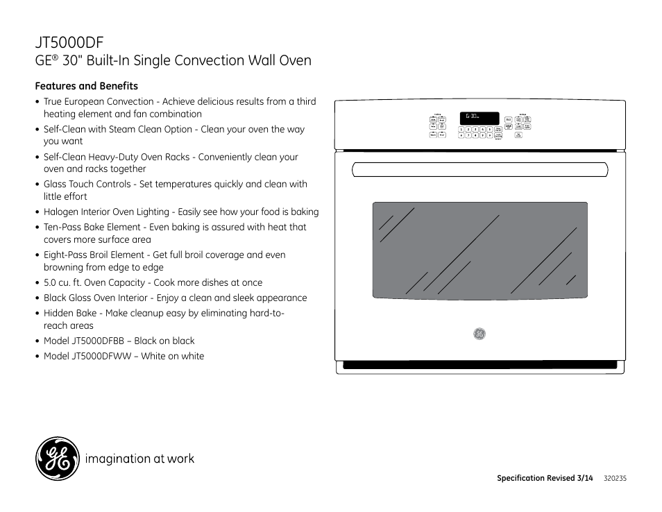 Jt5000dfww/bb, Jt5000df, 30" built-in single convection wall oven | GE JT5000DFBB User Manual | Page 3 / 3