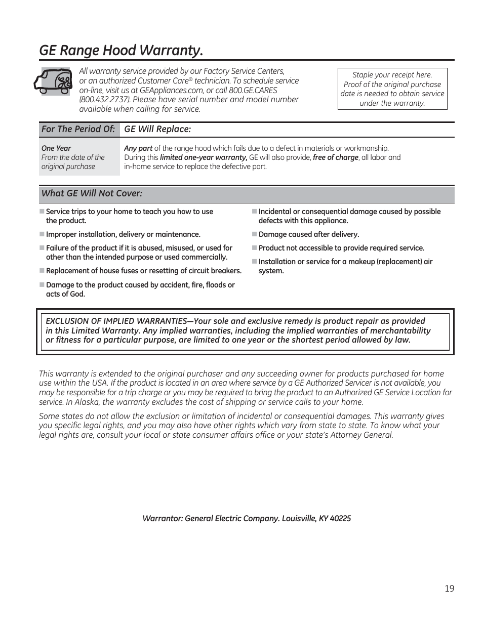 Ge range hood warranty | GE JV566HSS User Manual | Page 19 / 36