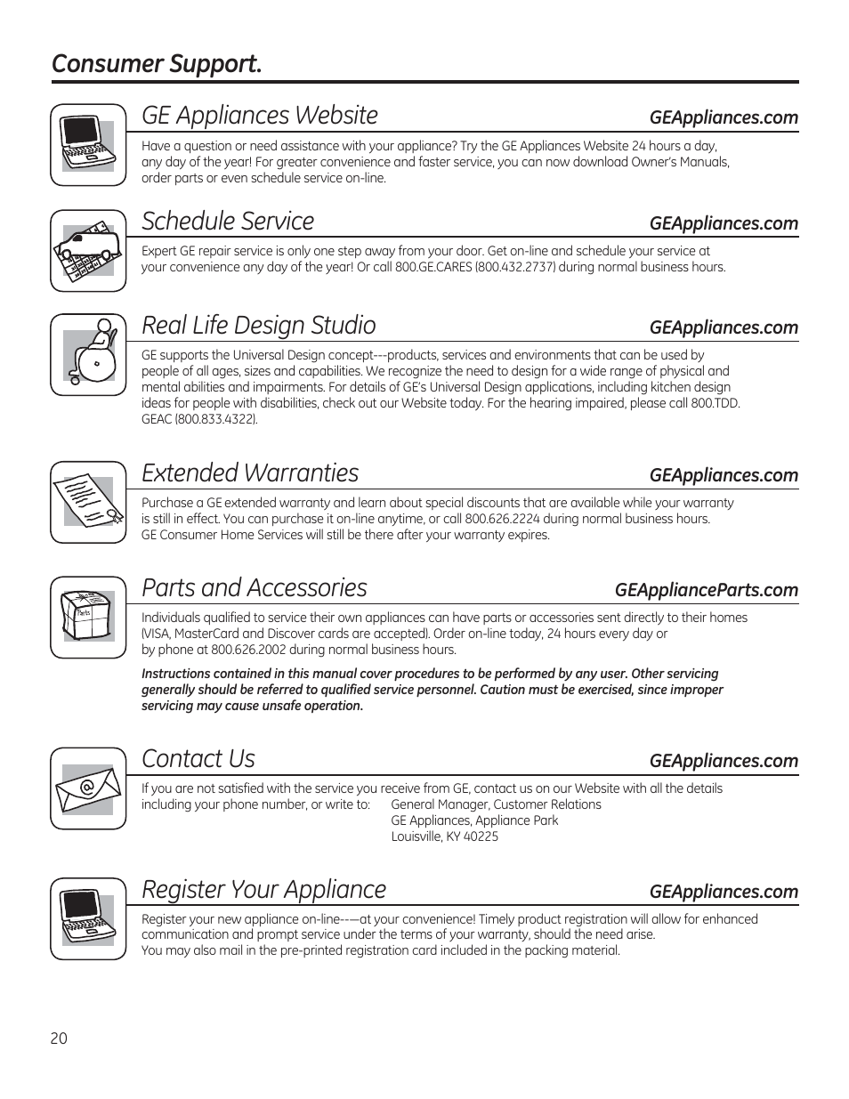 Ge appliances website, Schedule service, Real life design studio | Extended warranties, Parts and accessories, Contact us, Register your appliance, Consumer support | GE JV566HSS User Manual | Page 20 / 36