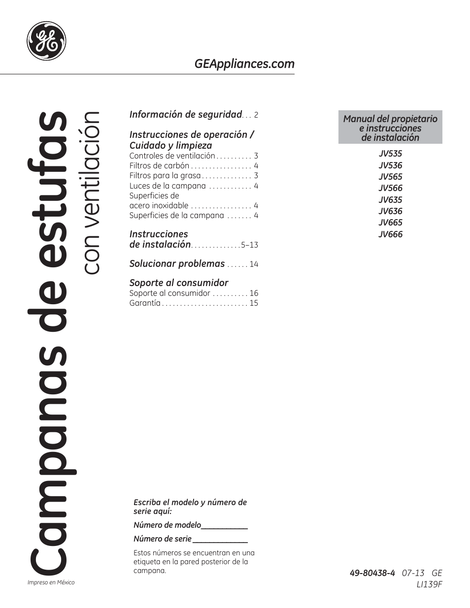 Campana s de estufa s, Con ventilación | GE JV566HSS User Manual | Page 21 / 36