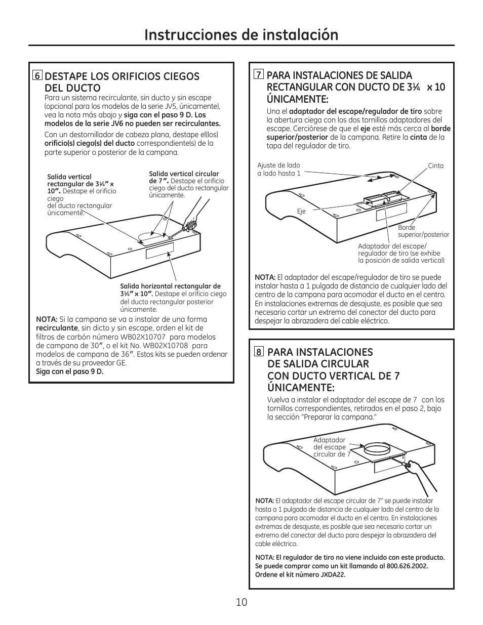 Instrucciones de instalación, Destape los orificios ciegos del ducto, X 10” únicamente | GE JV566HSS User Manual | Page 30 / 36