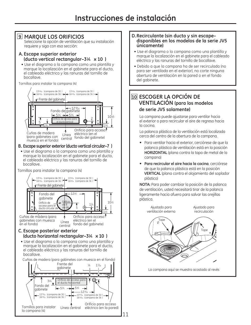 Instrucciones de instalación, Marque los orificios, Escoger la opción de ventilación | X 10, Para los modelos de serie jv5 solamente) 10 | GE JV566HSS User Manual | Page 31 / 36