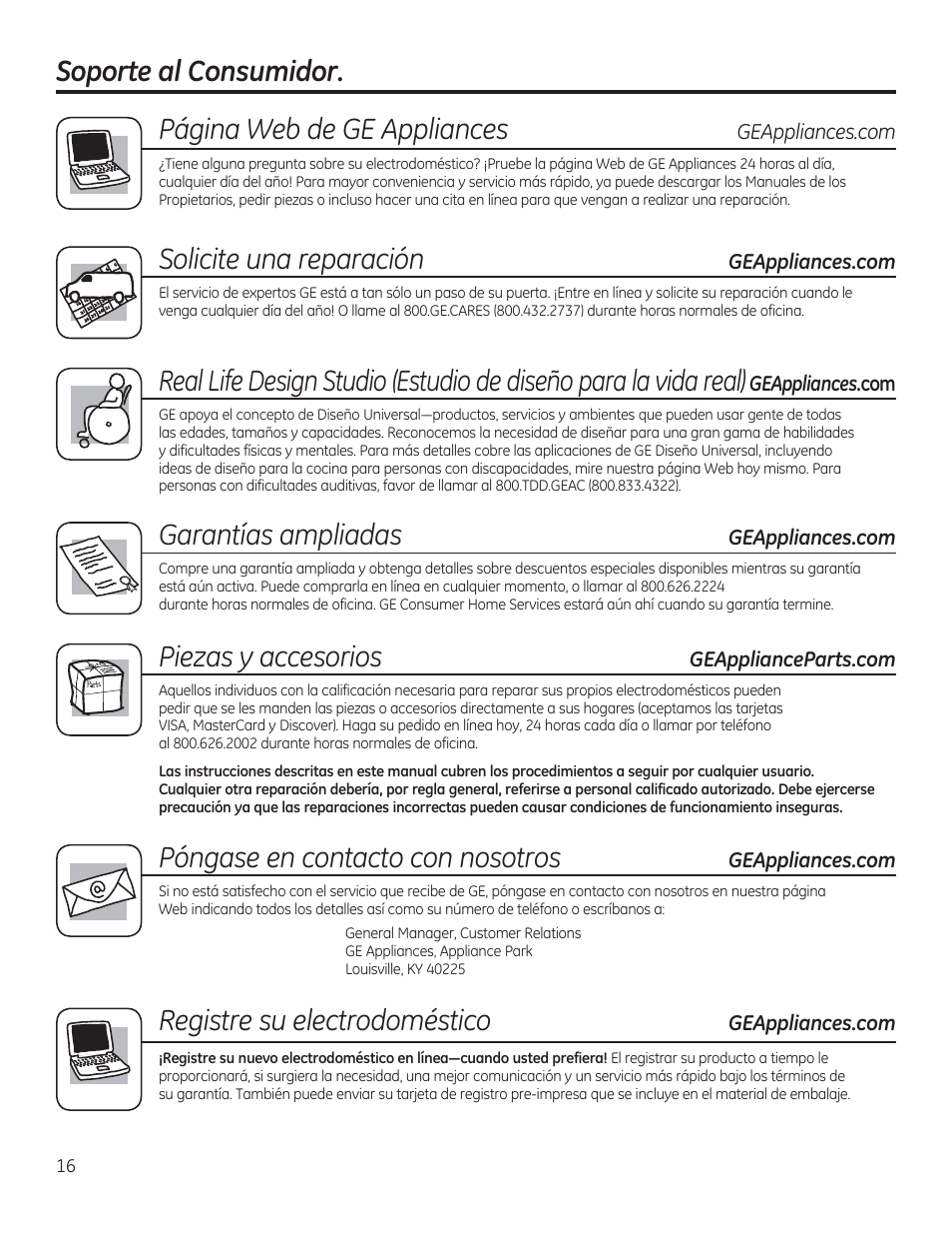 Garantías ampliadas, Registre su electrodoméstico, Página web de ge appliances | Solicite una reparación, Piezas y accesorios, Póngase en contacto con nosotros | GE JV566HSS User Manual | Page 36 / 36