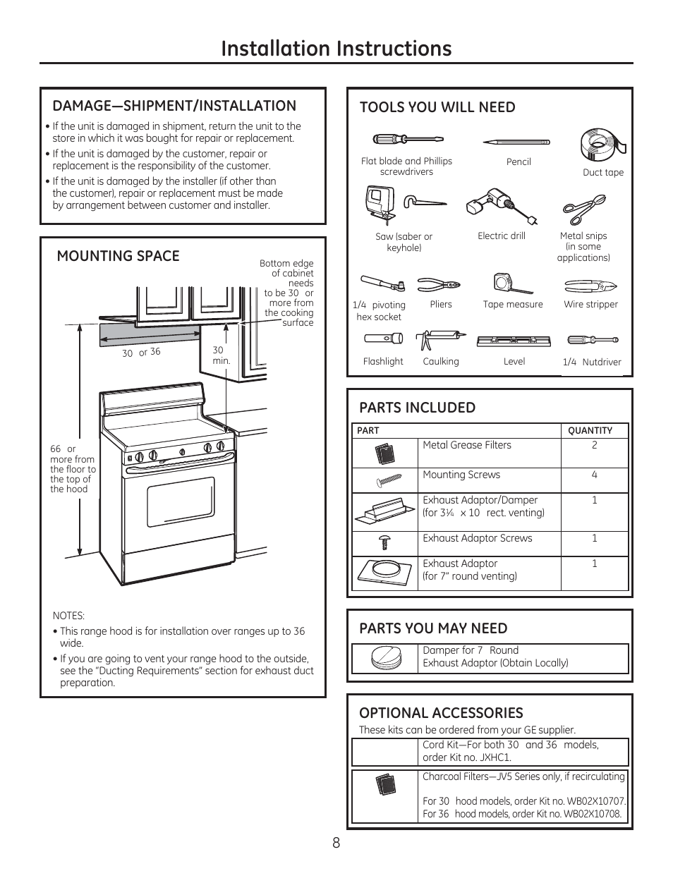 Installation instructions, Parts you may need, Optional accessories | Tools you will need | GE JV566HSS User Manual | Page 8 / 36