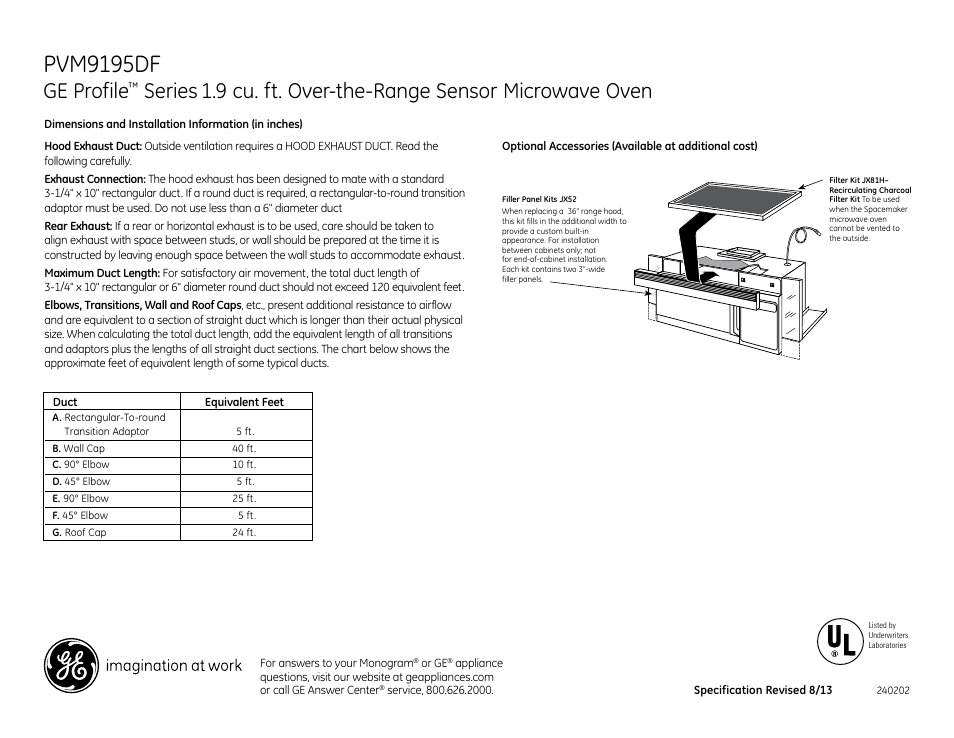 Pvm9195df, Ge profile, Series | 9 cu. ft. over-the-range sensor microwave oven | GE PVM9195DFCC User Manual | Page 2 / 3