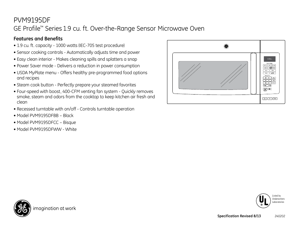 Pvm9195df, Ge profile, Series | 9 cu. ft. over-the-range sensor microwave oven | GE PVM9195DFCC User Manual | Page 3 / 3