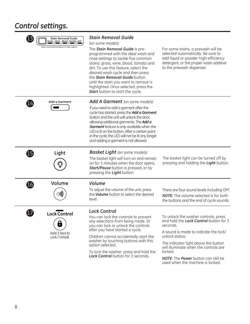 Control settings | GE GFWS2605FRR User Manual | Page 8 / 64