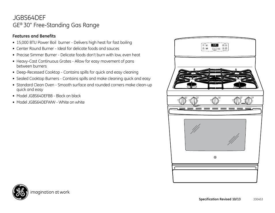 Jgbs64def, 30" free-standing gas range | GE JGBS64DEFBB User Manual | Page 2 / 2