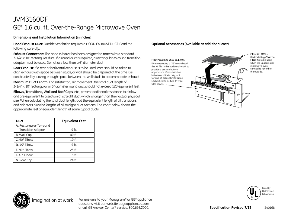 Jvm3160df, 6 cu. ft. over-the-range microwave oven | GE JVM3160DFWW User Manual | Page 2 / 3