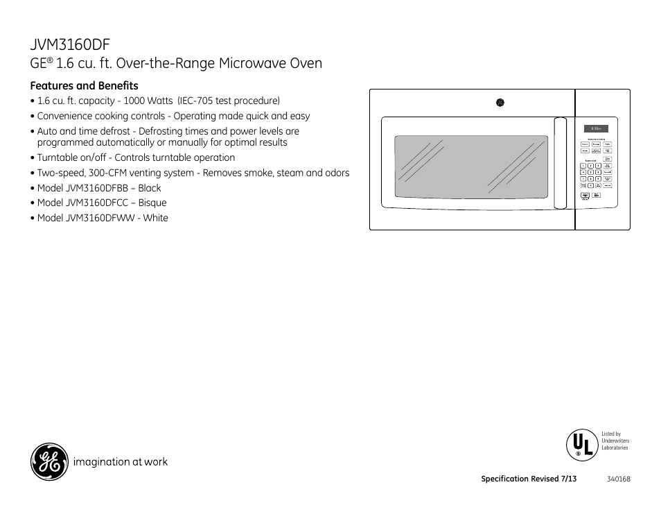 Jvm3160df, 6 cu. ft. over-the-range microwave oven | GE JVM3160DFWW User Manual | Page 3 / 3