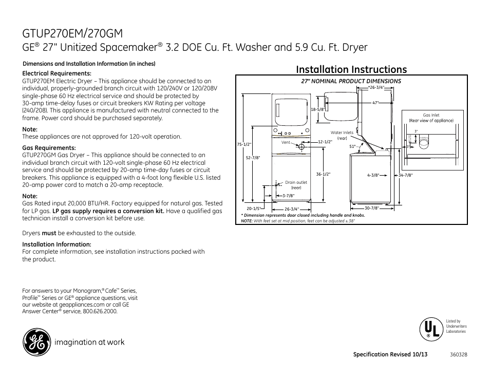 GE GTUP270EMWW User Manual | 3 pages