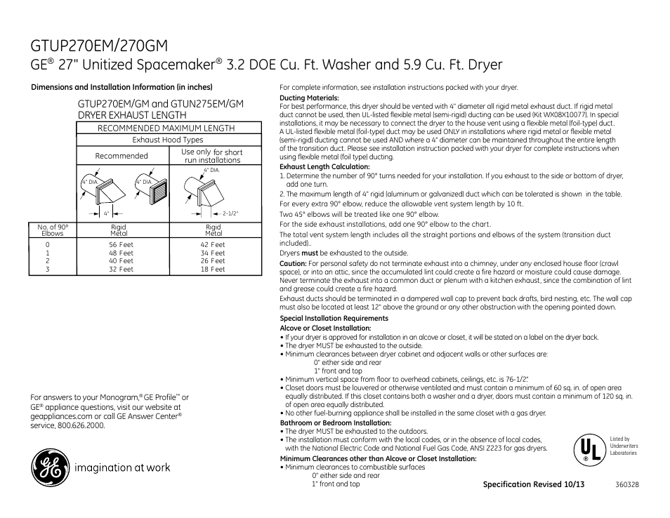 27" unitized spacemaker, 2 doe cu. ft. washer and 5.9 cu. ft. dryer | GE GTUP270EMWW User Manual | Page 2 / 3