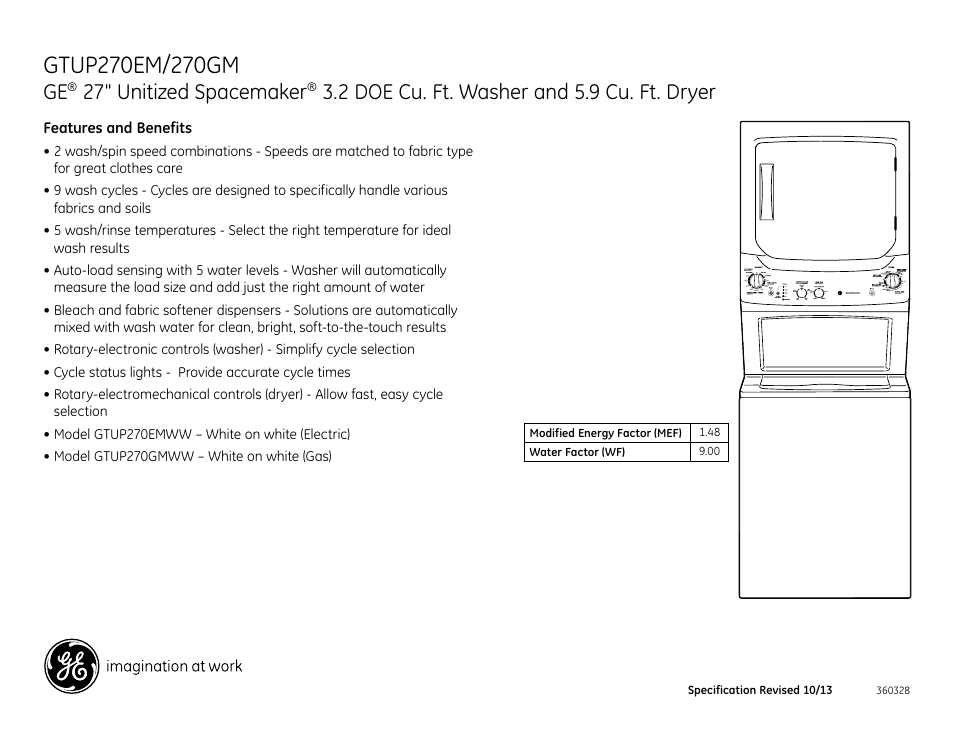 27" unitized spacemaker, 2 doe cu. ft. washer and 5.9 cu. ft. dryer | GE GTUP270EMWW User Manual | Page 3 / 3