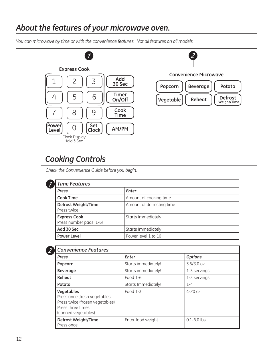 Cooking controls, About the features of your microwave oven | GE JVM6172RFSS User Manual | Page 12 / 60