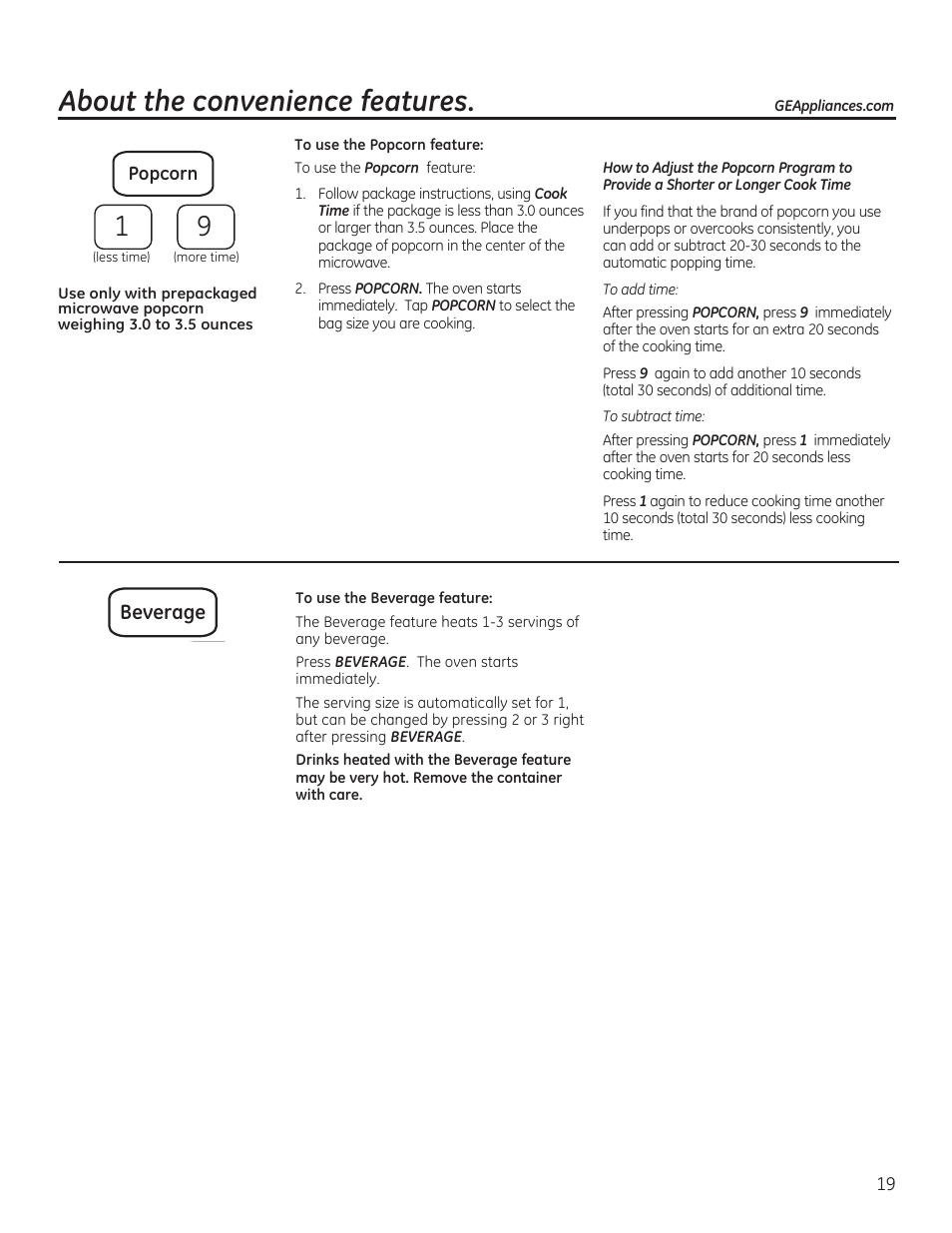 About the convenience features, Beverage | GE JVM6172RFSS User Manual | Page 19 / 60