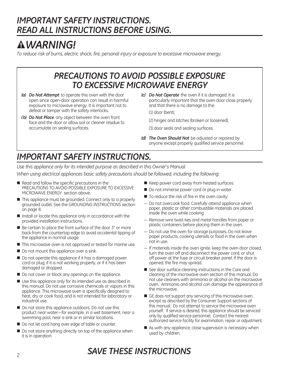 Warning, Save these instructions | GE JVM6172RFSS User Manual | Page 2 / 60