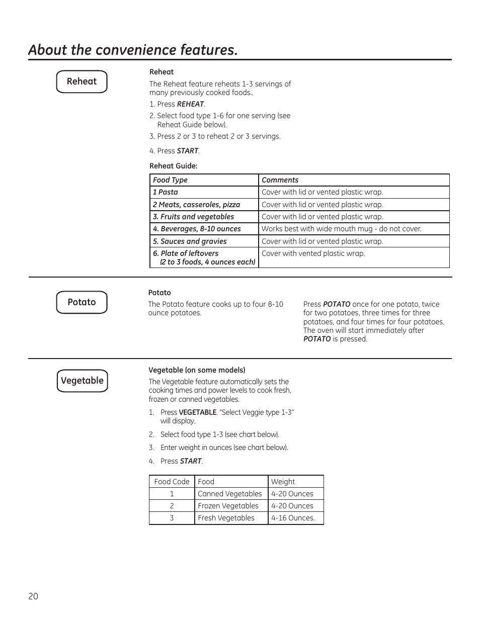 About the convenience features | GE JVM6172RFSS User Manual | Page 20 / 60