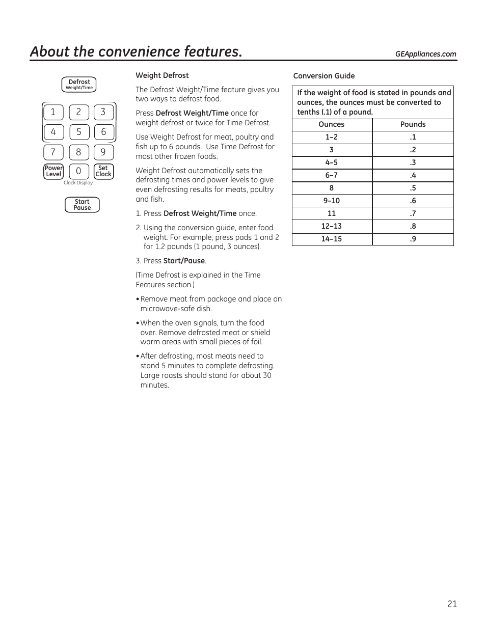 About the convenience features | GE JVM6172RFSS User Manual | Page 21 / 60