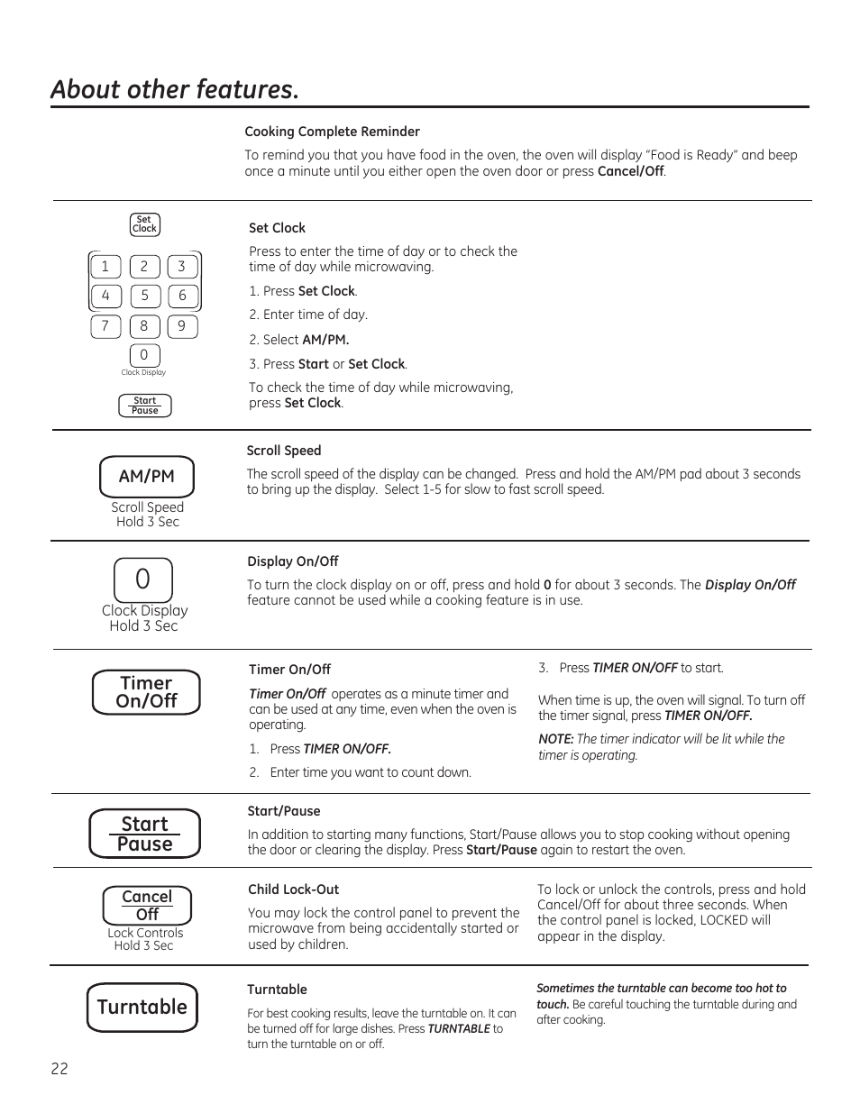 About other features, Start pause, Turntable | Timer on/off, Am/pm | GE JVM6172RFSS User Manual | Page 22 / 60