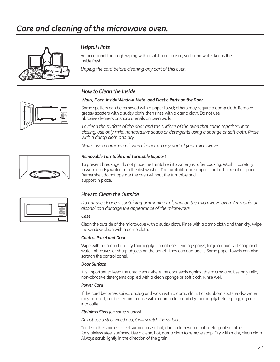 Care and cleaning of the microwave oven | GE JVM6172RFSS User Manual | Page 27 / 60