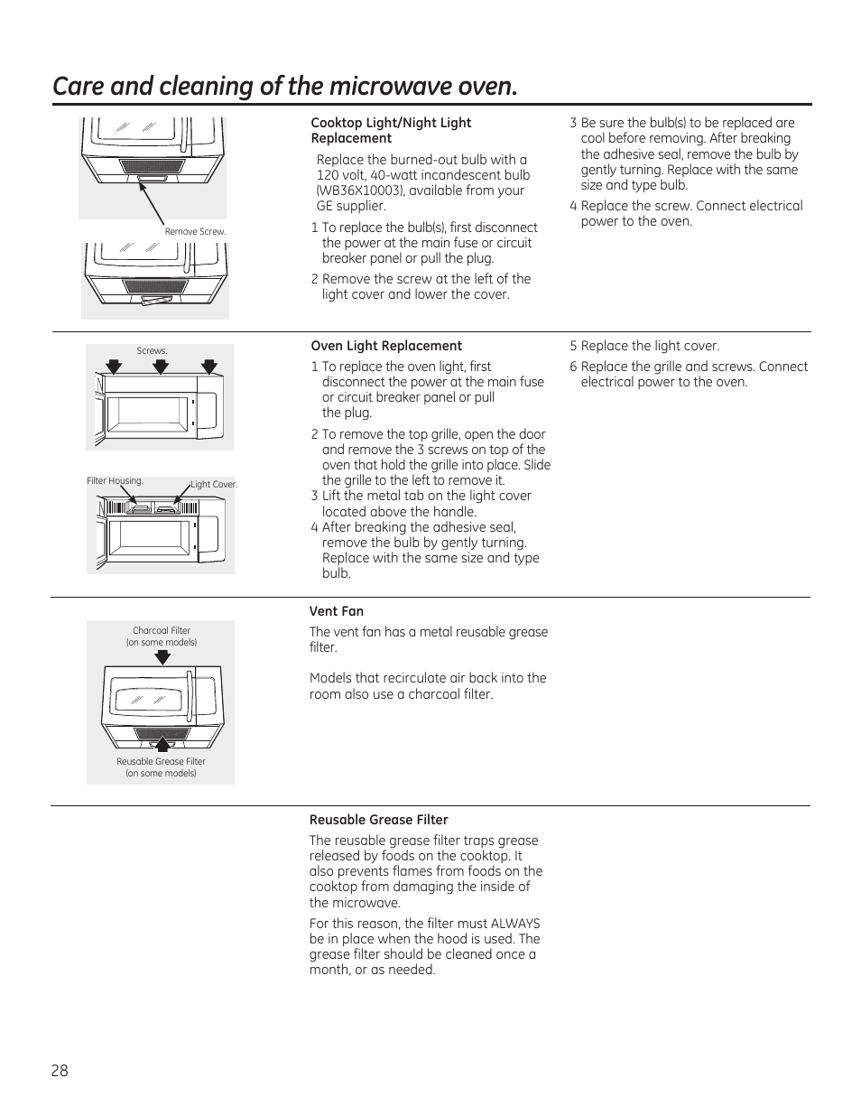 Care and cleaning of the microwave oven | GE JVM6172RFSS User Manual | Page 28 / 60