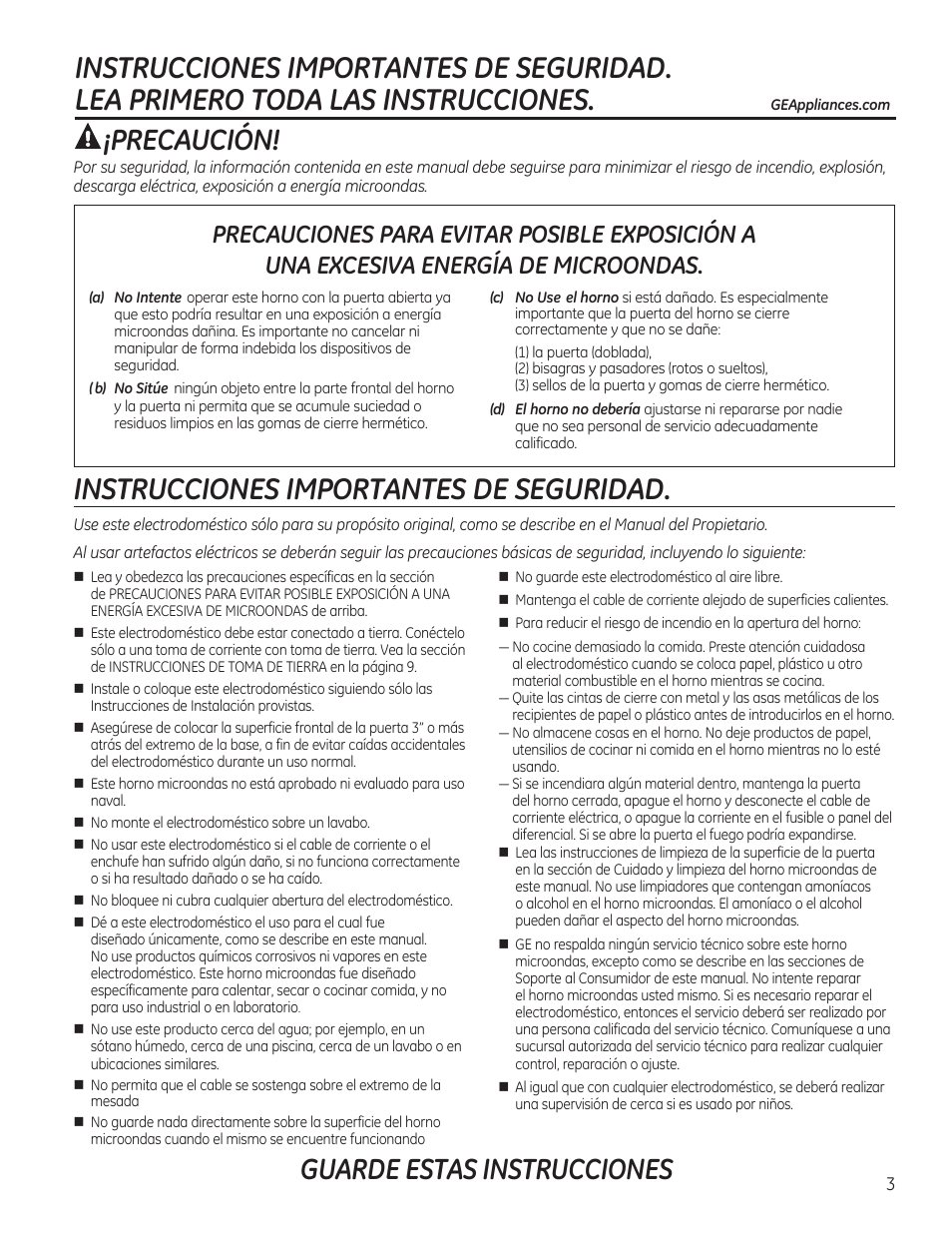 Instrucciones importantes de seguridad, Precaución, Guarde estas instrucciones | GE JVM6172RFSS User Manual | Page 3 / 60