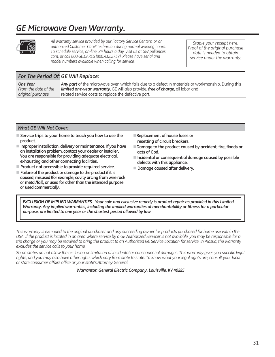 Ge microwave oven warranty | GE JVM6172RFSS User Manual | Page 31 / 60