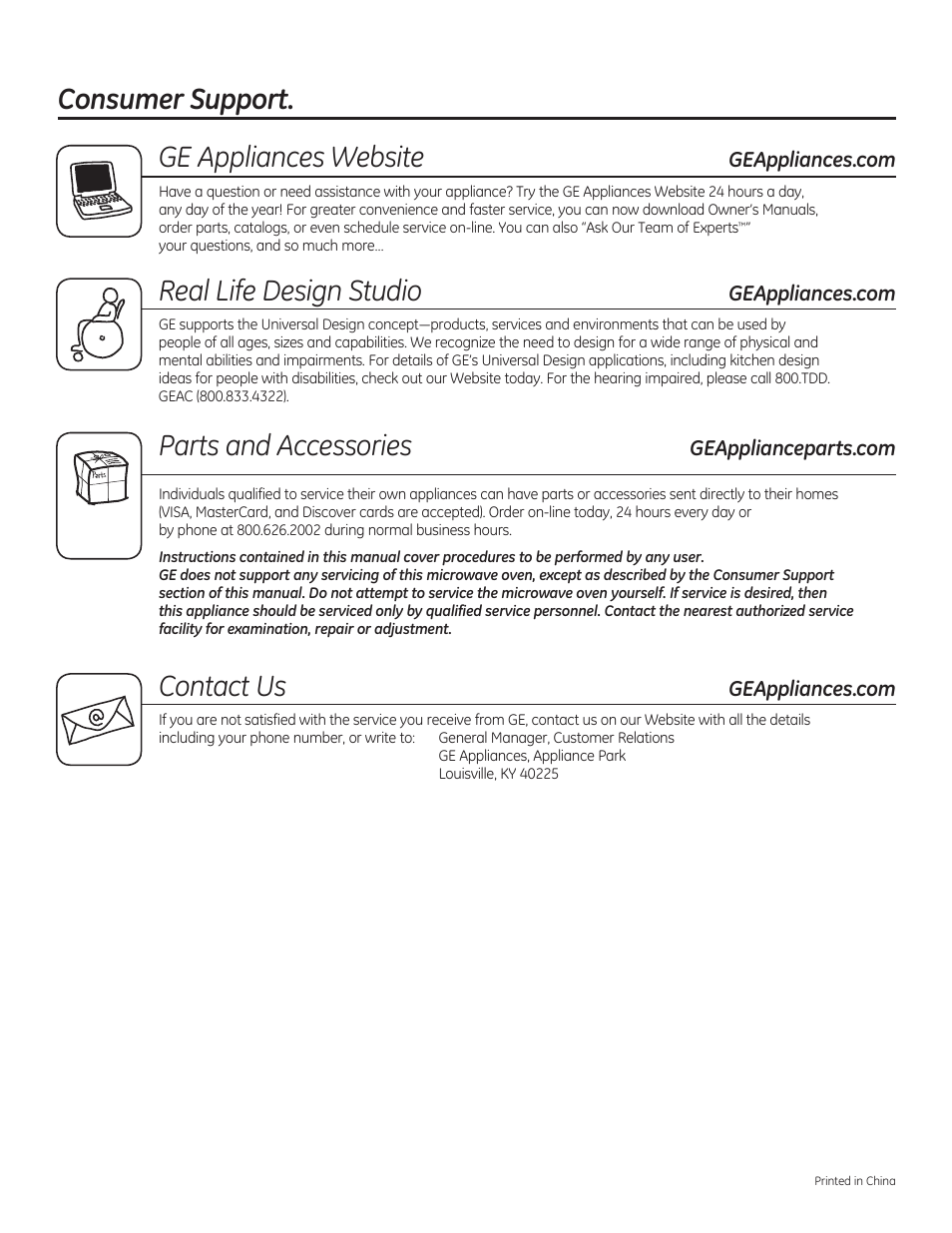 Consumer support. ge appliances website, Real life design studio, Parts and accessories | Contact us | GE JVM6172RFSS User Manual | Page 32 / 60