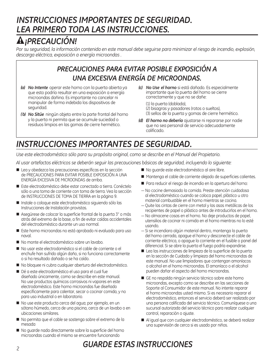 Instrucciones importantes de seguridad, Precaución, Guarde estas instrucciones | GE JVM6172RFSS User Manual | Page 34 / 60