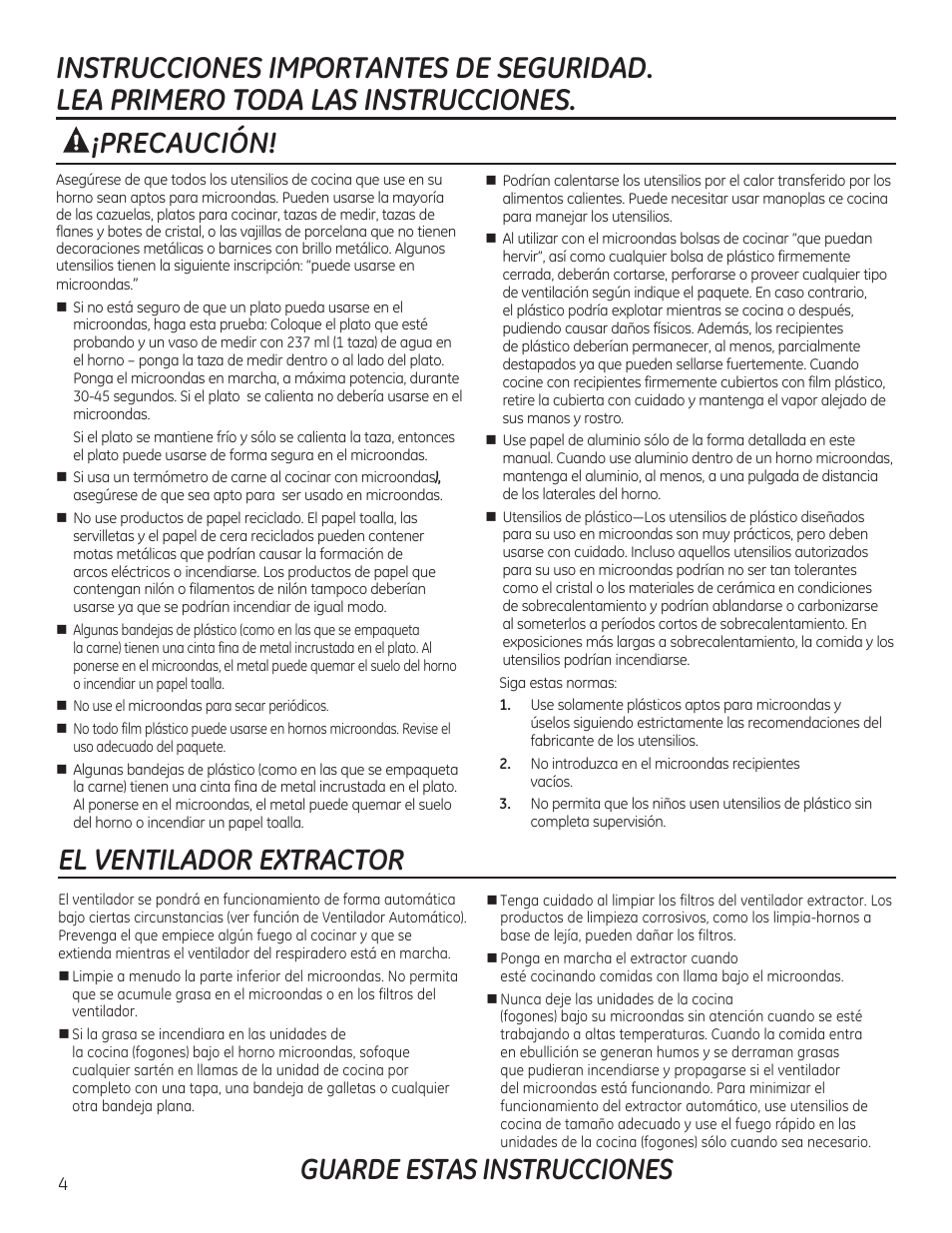 Guarde estas instrucciones, Precaución! el ventilador extractor | GE JVM6172RFSS User Manual | Page 36 / 60