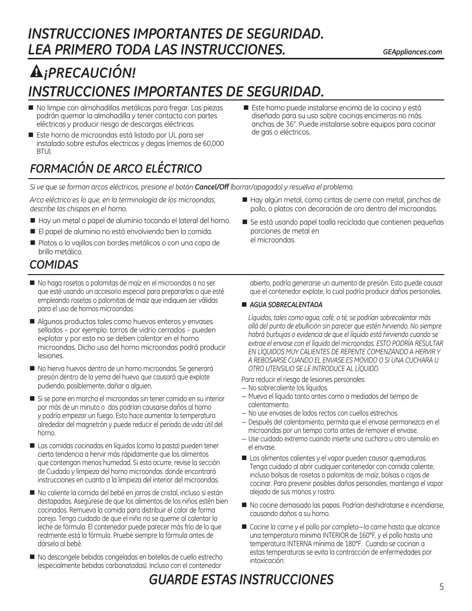 Instrucciones importantes de seguridad, Guarde estas instrucciones, Precaución | Formación de arco eléctrico comidas | GE JVM6172RFSS User Manual | Page 5 / 60