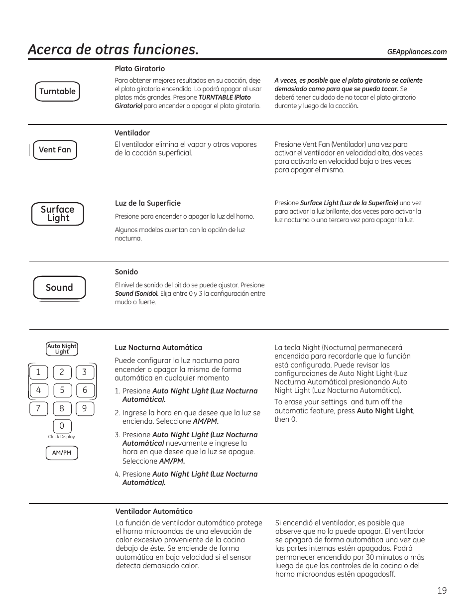 Acerca de otras funciones, Surface light sound | GE JVM6172RFSS User Manual | Page 51 / 60