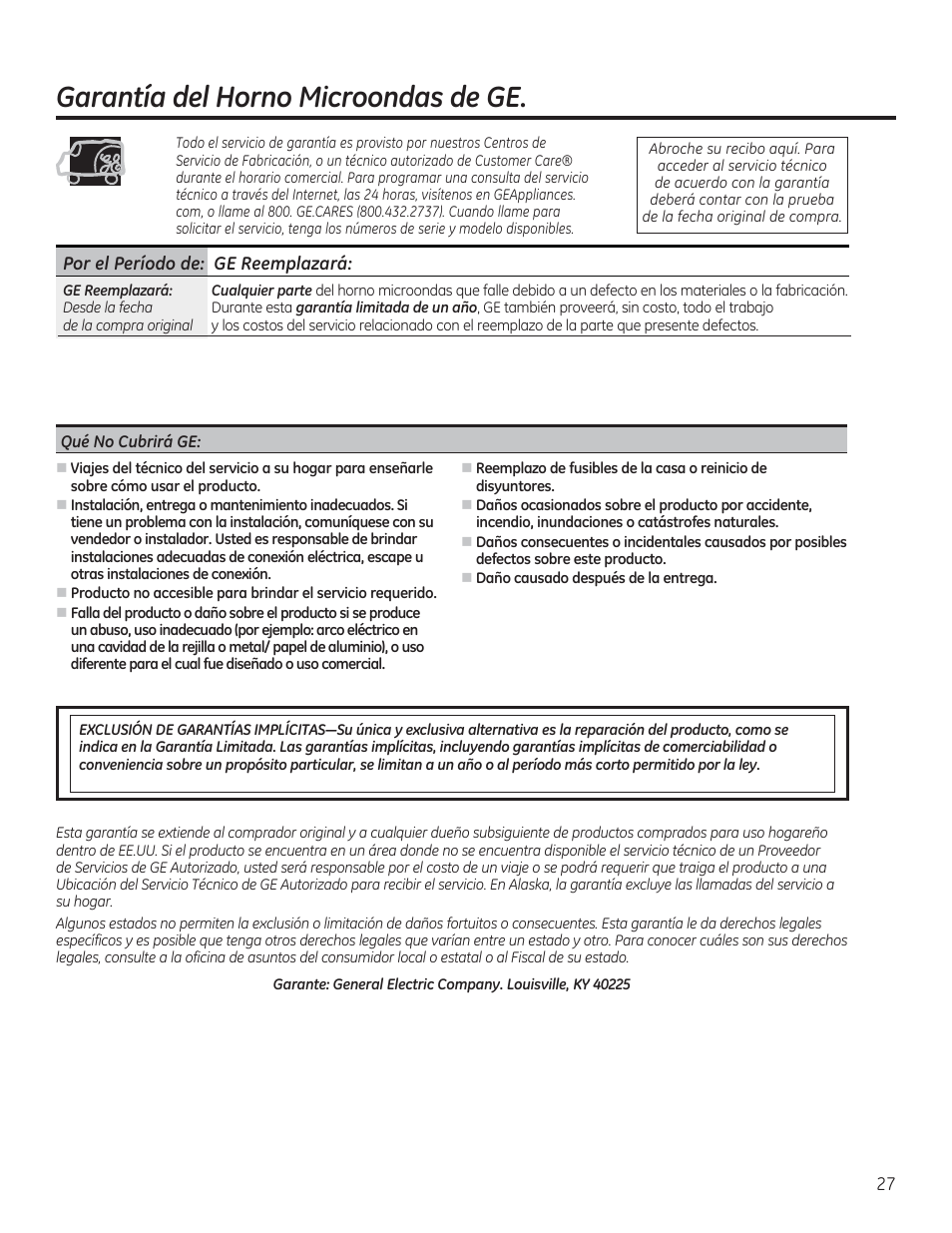 Garantía del horno microondas de ge | GE JVM6172RFSS User Manual | Page 59 / 60